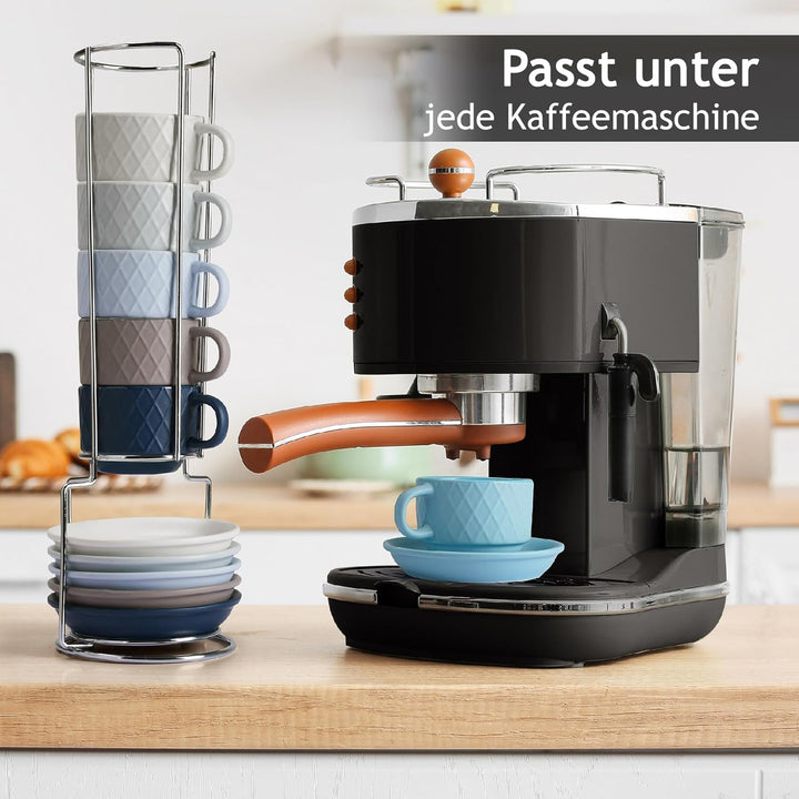 MIAMIO – 6 x 75 ml Espresso Tassen/Espressotassen Set mit Ständer Steingut Keramik - Palmanova Kolle