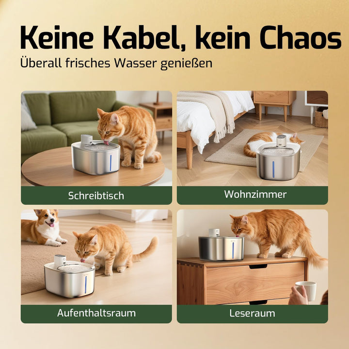 Katzenbrunnen Kabellos mit Bewegungsmelder, 4L Trinkbrunnen für Katze & Edelstahl Hunde mit Batterie