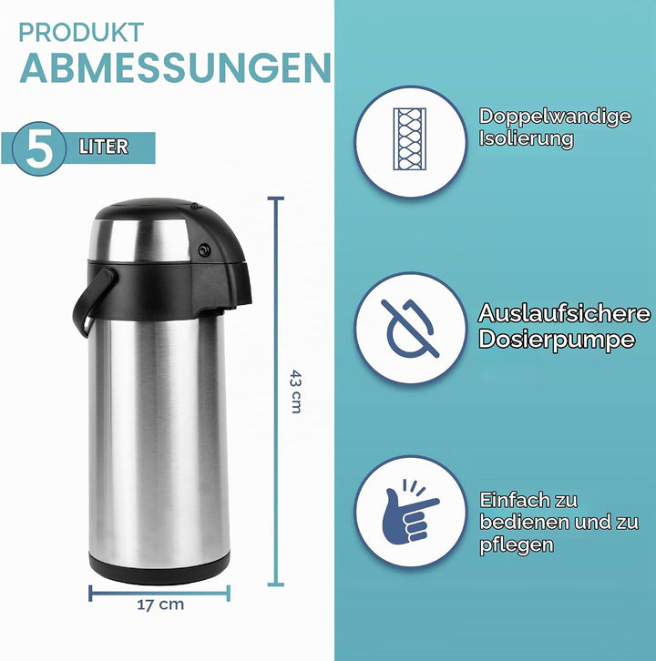 HEFTMAN Kaffeekanne Thermo 5L - Thermoskanne Edelstahl Airpot Pumpflasche | Doppelwandige Isolierung