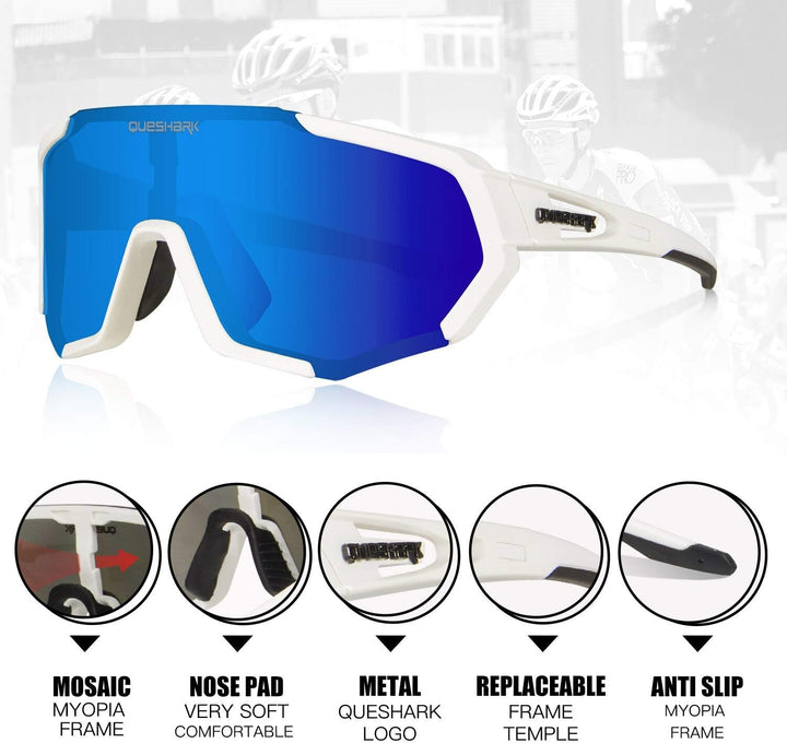 Queshark Sportbrillen Fahrrad Brillen Damen Herren Polarisierte UV400 Schutz mit 5 Wechselgläser Rad
