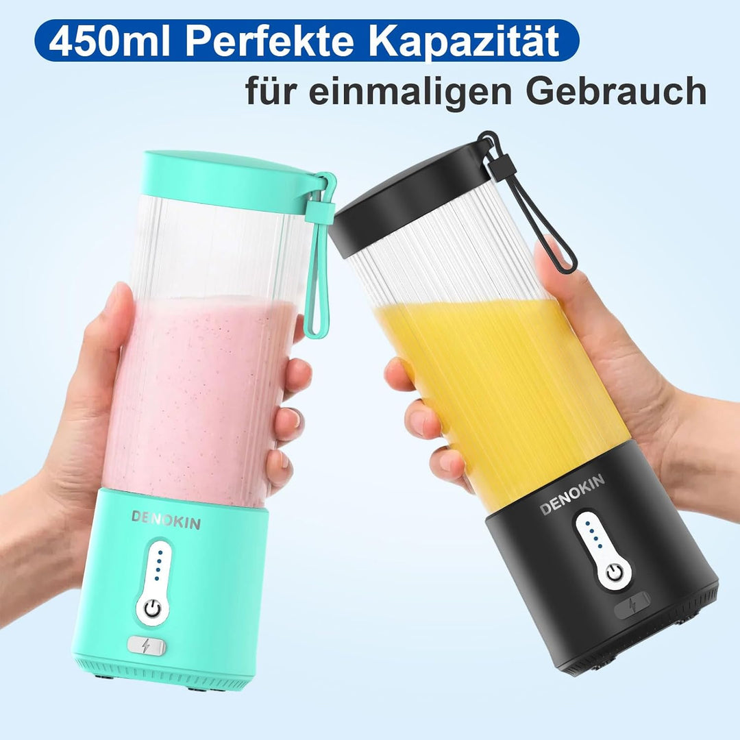 DENOKIN Tragbarer Mixer to Go/Blender/Smoothie Maker, 450ml Becher, Kabellos & USB-C Wiederaufladbar