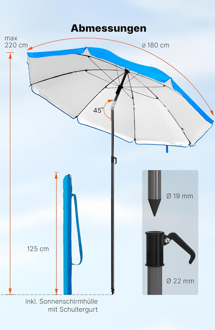 4smile Sonnenschirm Strand SunnyJoy - UPF 50+ Strandschirm Ø 180 cm, sicherer Sonnenschutz Strand, S