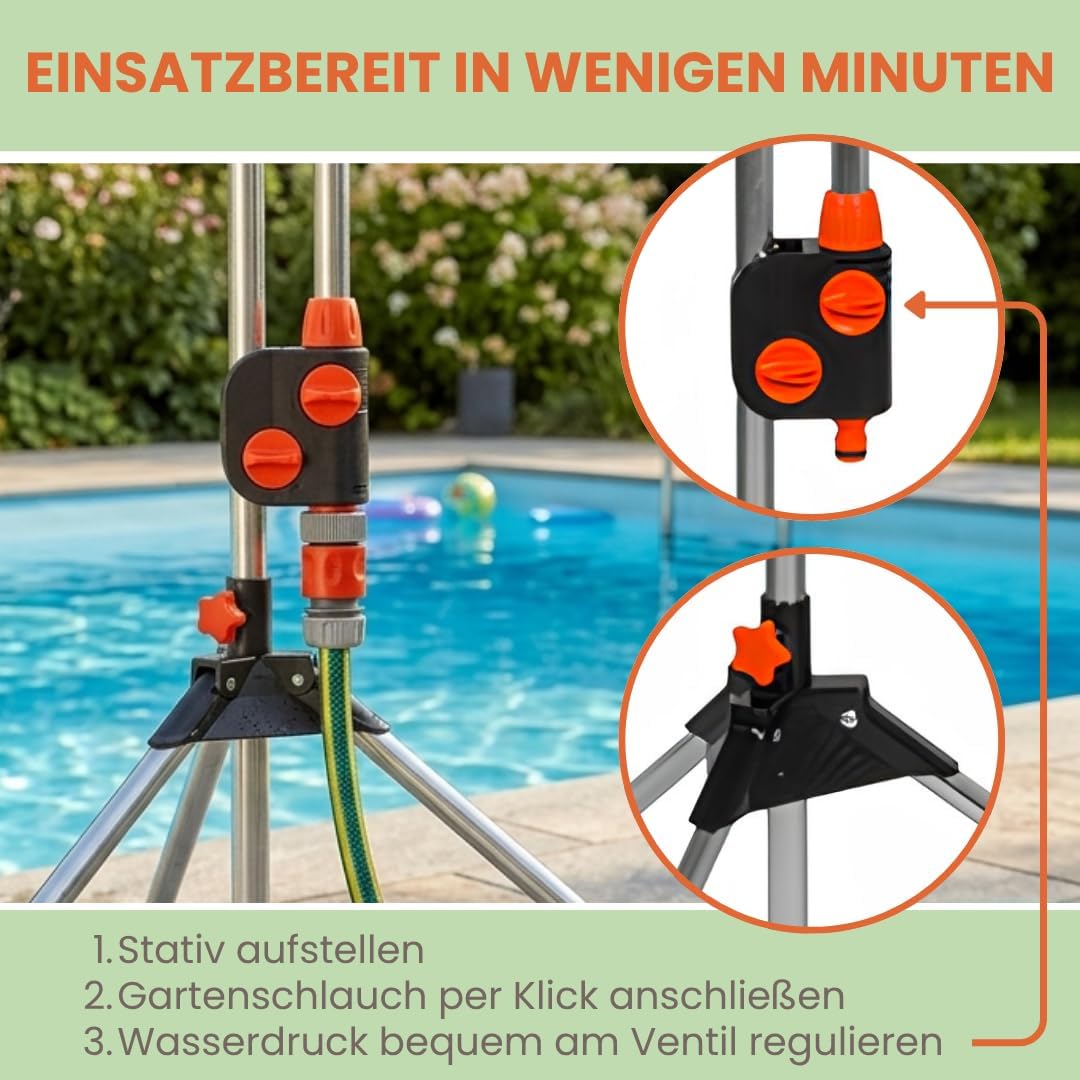 Verstellbare Gartendusche mit 3 Funktionen Höhe 150–210 cm | Tragbare 3in1 Aussendusche mit Alu-Drei