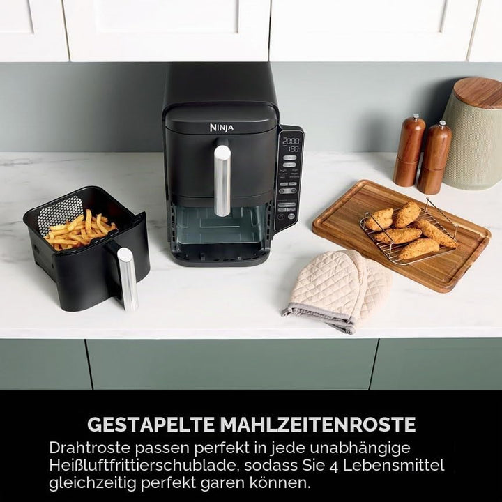 Ninja Doppelstapel-Luftfritteuse, vertikale Doppelschublade, Luftfritteuse mit 4 Kochstufen, 2 Schub