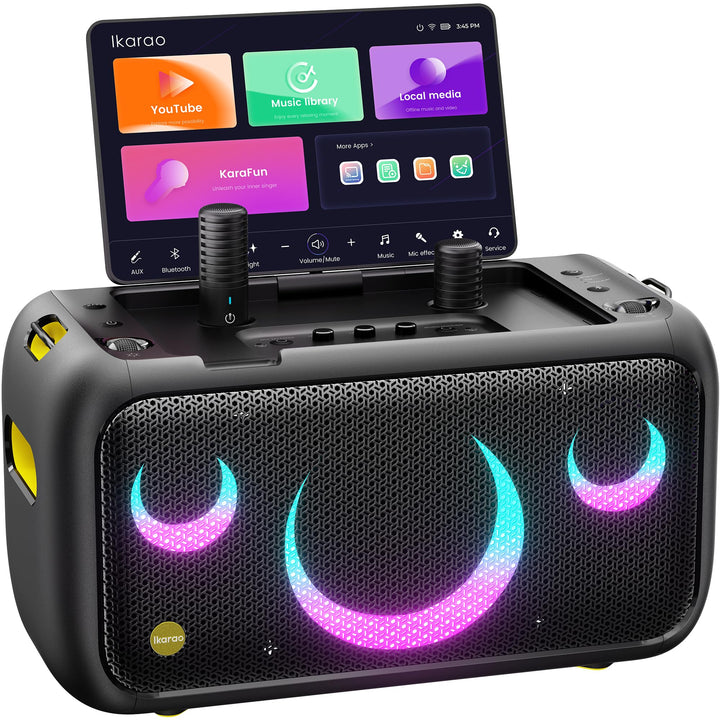 Ikarao Break X1 Karaoke Maschine mit Textanzeige 13.3 Zoll Bildschirm 2 kabellose Mikrofone versteck