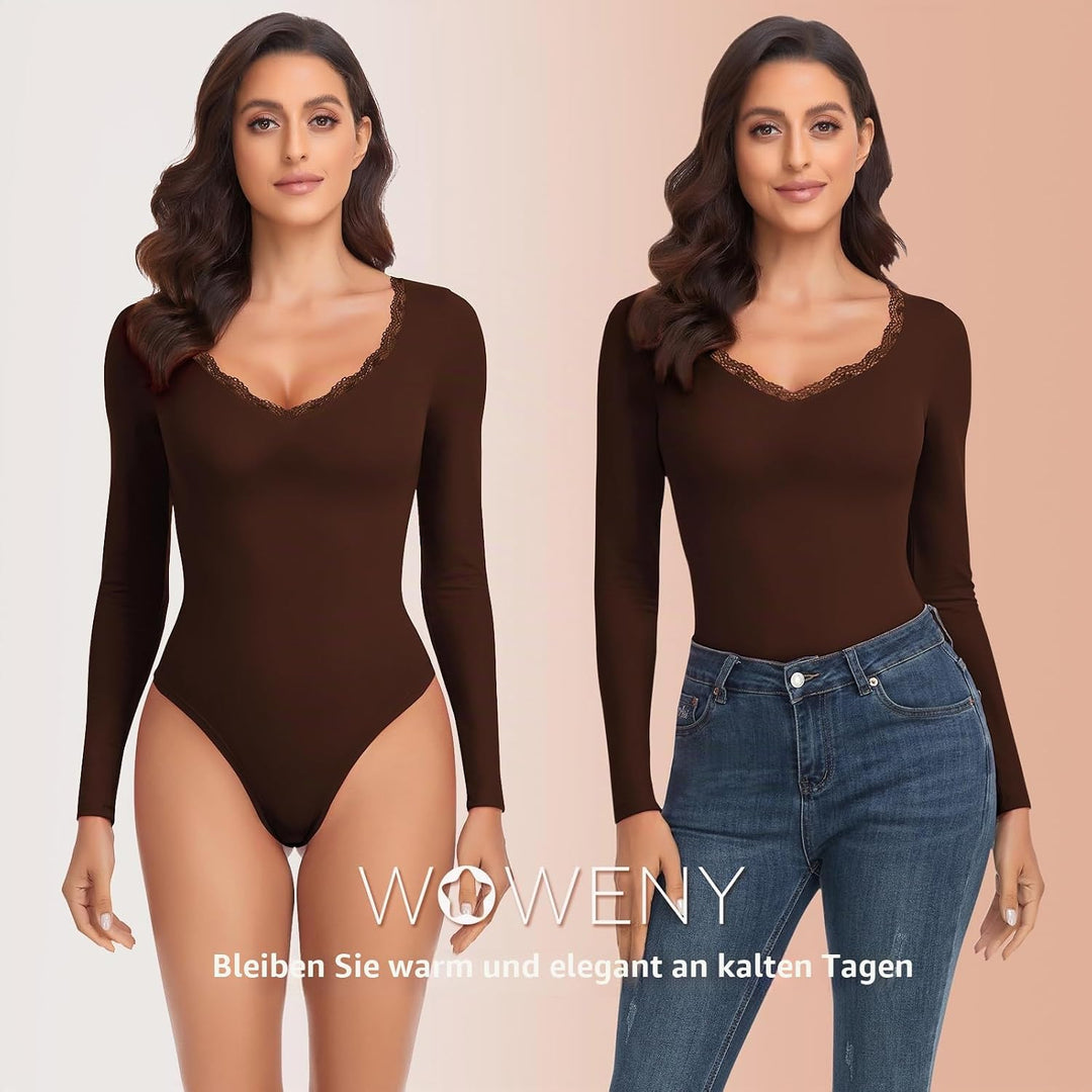 WOWENY Thermo Body Damen Langarm Elegant Langarmbody mit Spitze V-Ausschnitt Fleece Bodysuit Warm Be
