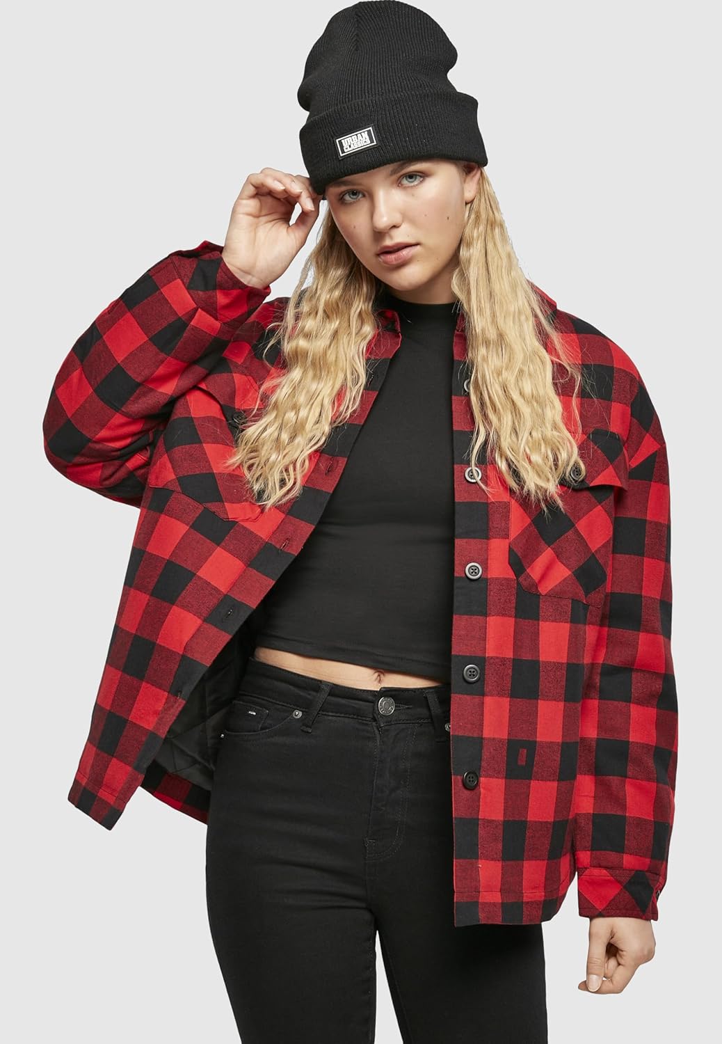 Urban Classics Damen Jacke Ladies Flanell Padded Overshirt, Frauen Hemdjacke in Holzfäller Karo, erh