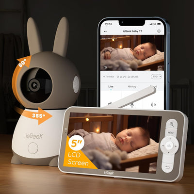 ieGeek Babyphone mit Kamera 2K/3MP, 5 Zoll WLAN Video babyfone PTZ 355°, IR-Nachtsicht, Automatische