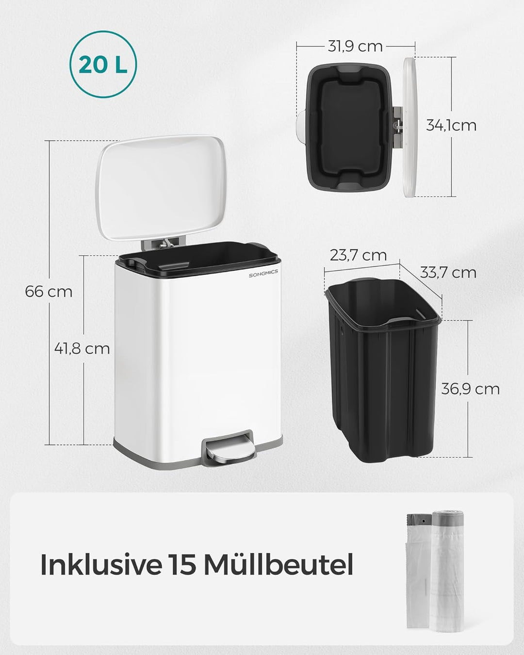 SONGMICS Mülleimer Küche, 20 Liter Abfalleimer mit Pedal, Tretmülleimer, Softclose, Offenhaltefunkti