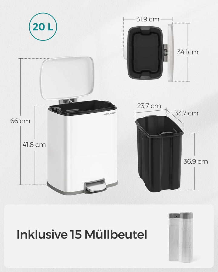 SONGMICS Mülleimer Küche, 20 Liter Abfalleimer mit Pedal, Tretmülleimer, Softclose, Offenhaltefunkti