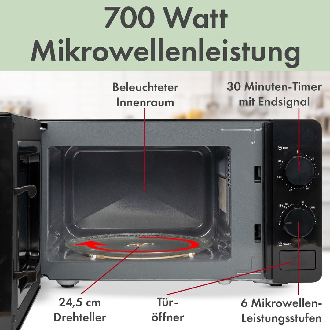 Clatronic® Mikrowelle | 700 Watt | 6 Stufen | 20 Liter Garraum | 360° Drehteller | Timer mit Endsign