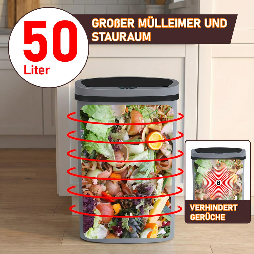 FDW Mülleimer mit Sensor & Deckel, Kunststoff, 50 L Küchenmülleimer, Smart, Automatisch, Berührungsl