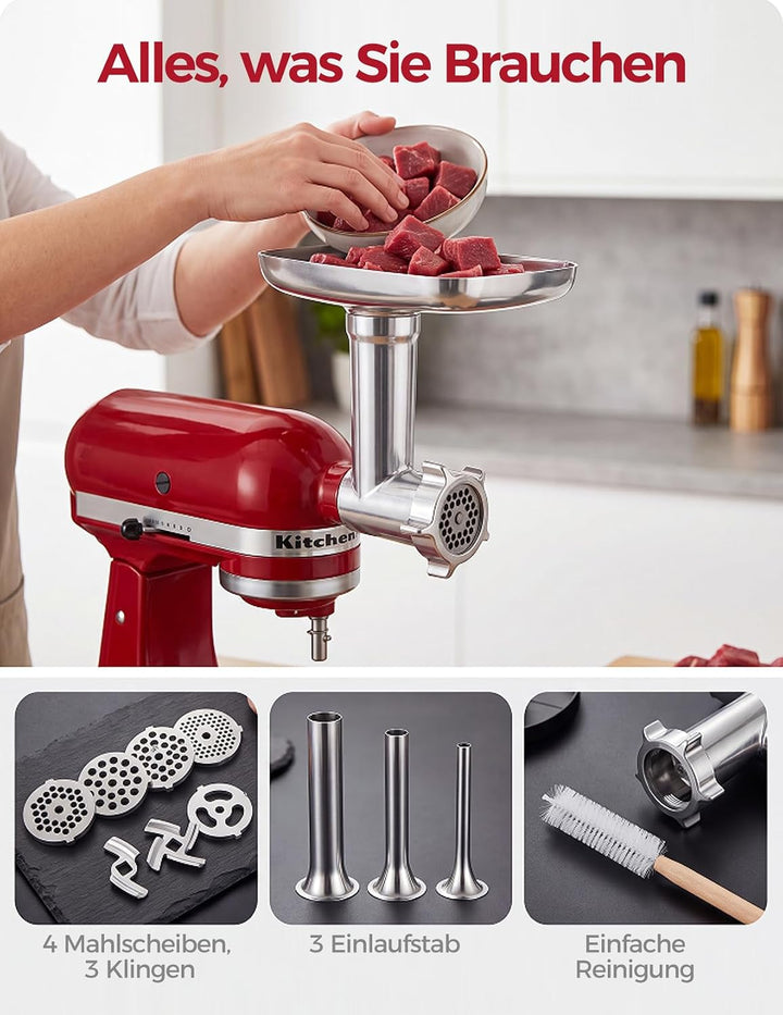 Fleischwolf Aufsatz für KitchenAid Standmixer, Edelstahl Fleischwolf Aufsatz Enthält Wurstfüller, Re