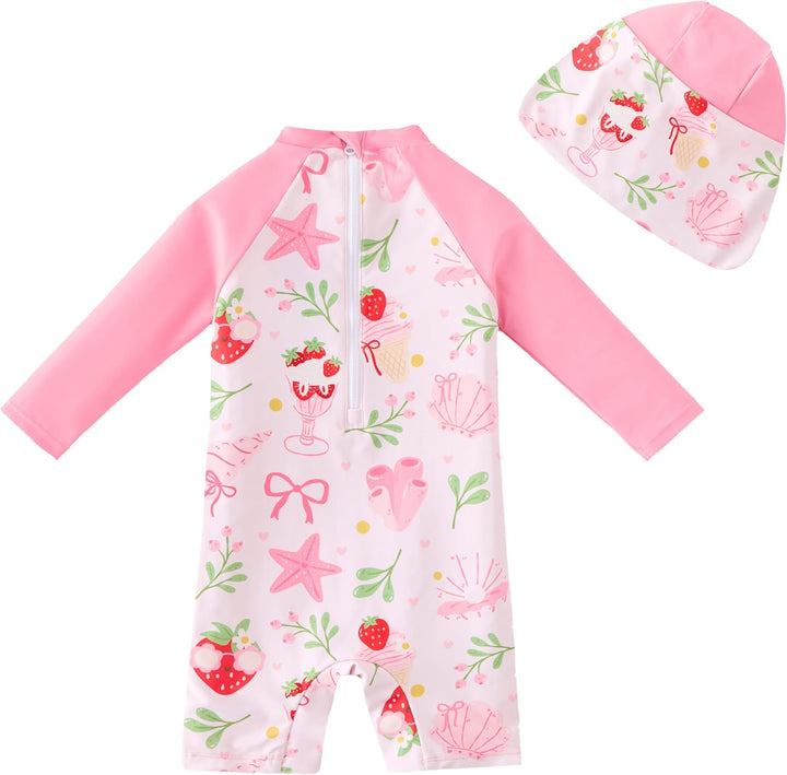 UMELOK Baby Badebekleidung Mädchen Badeanzug mit Sonnenhut UV Schutz 3-6 Monate Erdbeereis, 3-6 Mona