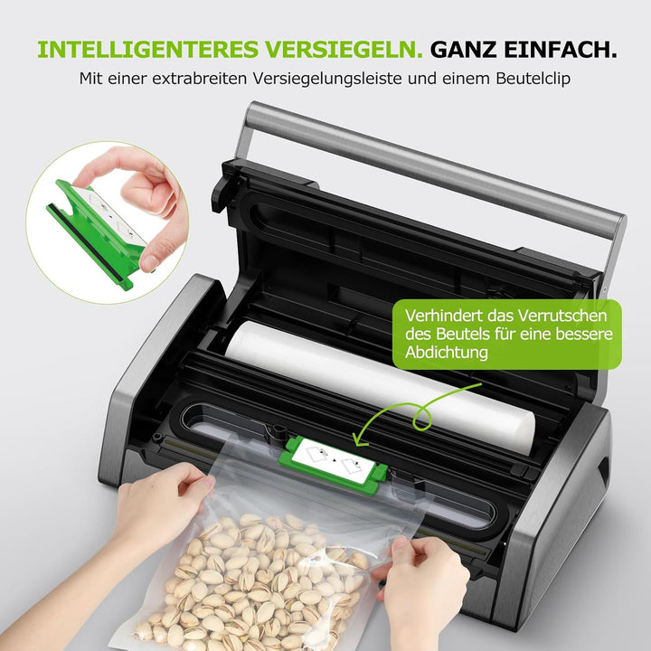 Bonsenkitchen Vakuumiergerät 15 L/min, Vakuumierer mit Beutelclip, Griffverriegelung und Integrierte
