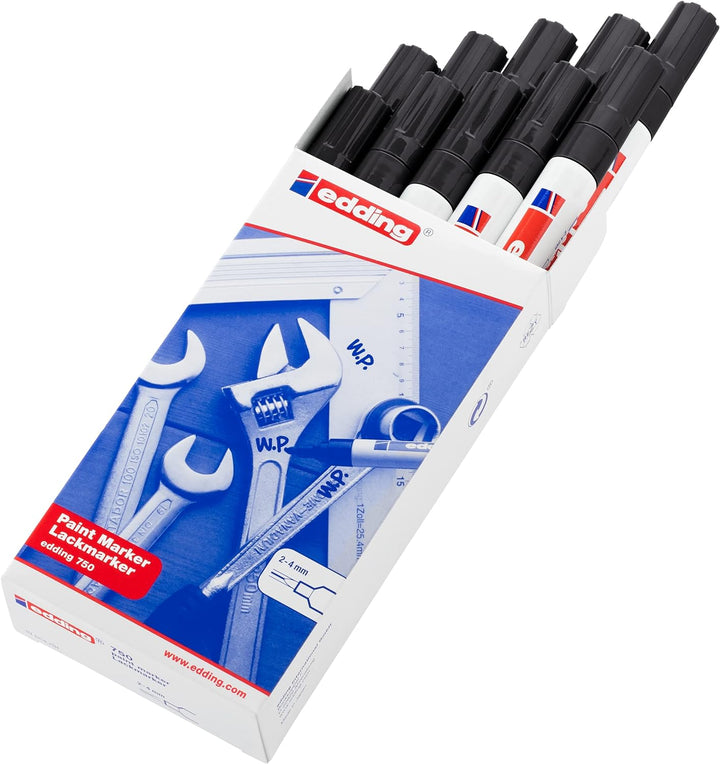 edding 750 Lackmarker - schwarz - 10 Stifte - Rundspitze 2-4 mm - Lackstift zur Markierung und Besch