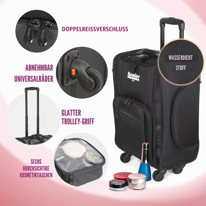 Kemier Make up Koffer, Weiche Zweiseitige Nylon Rollen Mobiler Kosmetik Organizer mit Tasche, Schwar