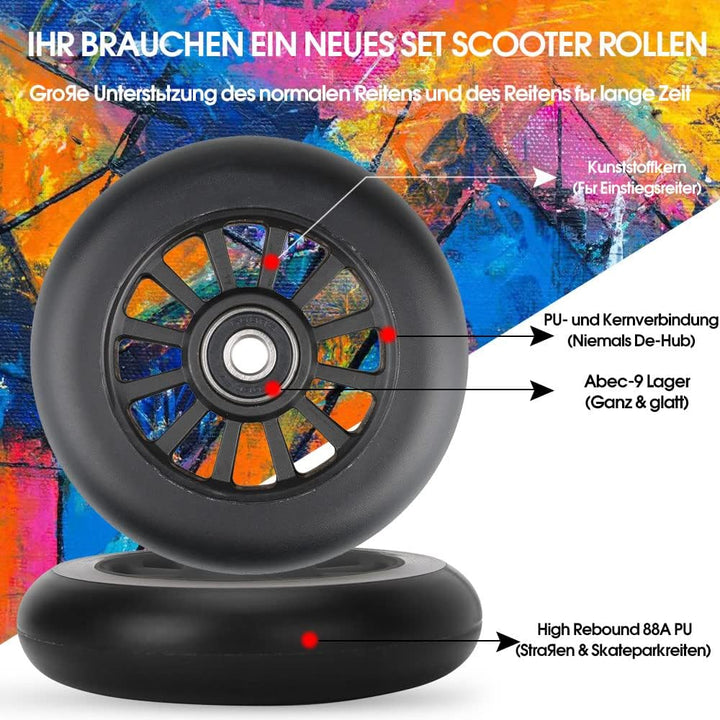 100mm Scooter Rollen - 2 Stück 100mm Scooter Ersatzräder räder Wheels mit ABEC-9 Lager - 88A stunt s