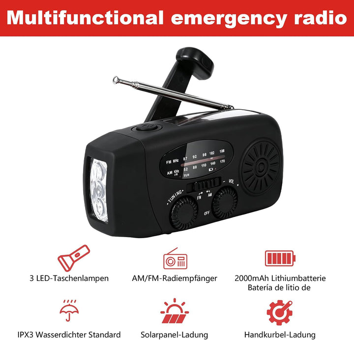 Kurbelradio,Notfallradio mit Kurbel und Solar,AM/FM/WB-Empfang,USB-Ladefunktion,LED-Beleuchtung,IP3X