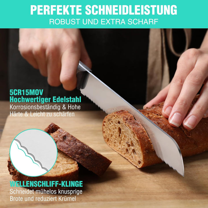 HAUSHOF Brotmesser mit Wellenschliff, Küchenmesser mit Holzgriff aus hochwertigem Edelstahl, Ultrasc