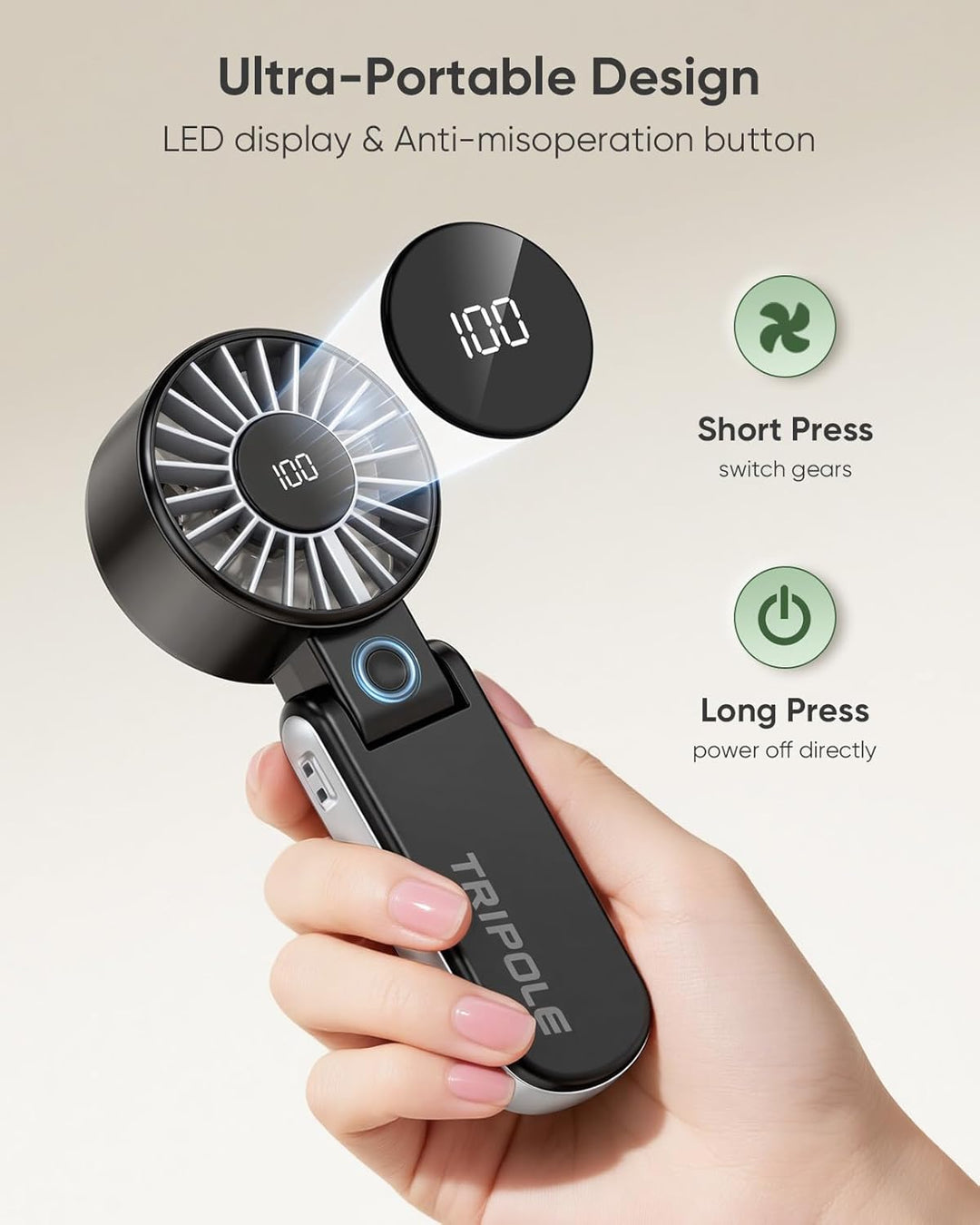 TriPole Handventilator, tragbarer USB Ventilator, 5 Geschwindigkeiten, starker Luftstrom, LED-Anzeig