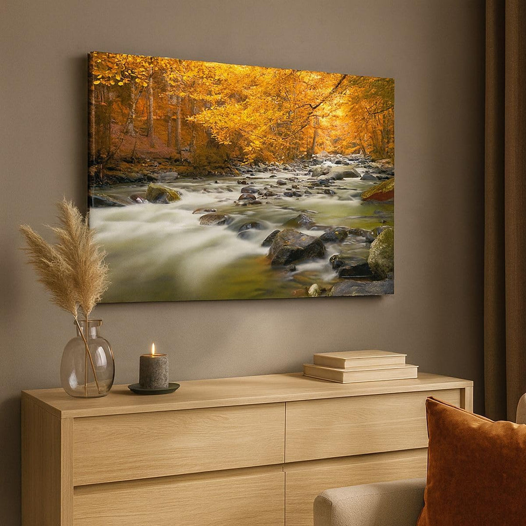 Bilder auf Leinwand 100x70cm Leinwandbild Stream Herbst Forrest Berg Gross Wanddeko Bild Schlafzimme