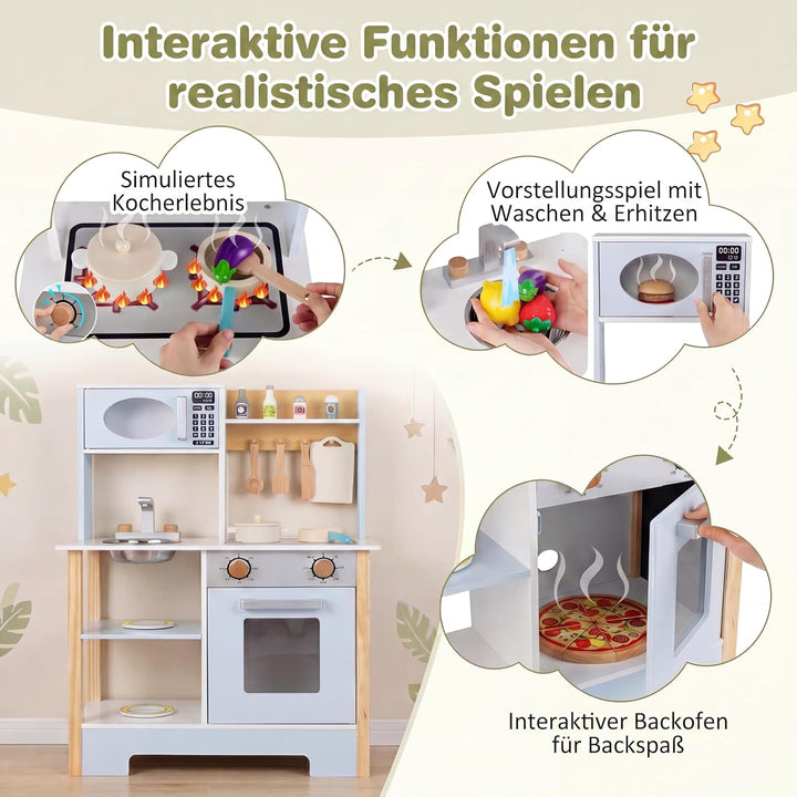 DREAMADE Kinderküche Holz, Spielküche mit 13 Zubehör | kinder küche mit Tafel, Mikrowelle, Ofen, Spü