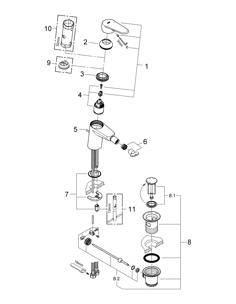 GROHE Eurodisc Cosmopolitan Bidetarmatur, Zugstange, Kugelgelenk-Auslauf 33244002, Silber Hebel Smal