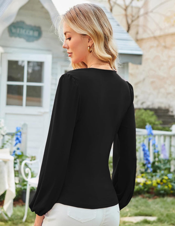 GRACE KARIN Damen V-Ausschnitt Bluse Elegant Wickelbluse Laterne Langarm Slim Fit Plissee-Top Tunika