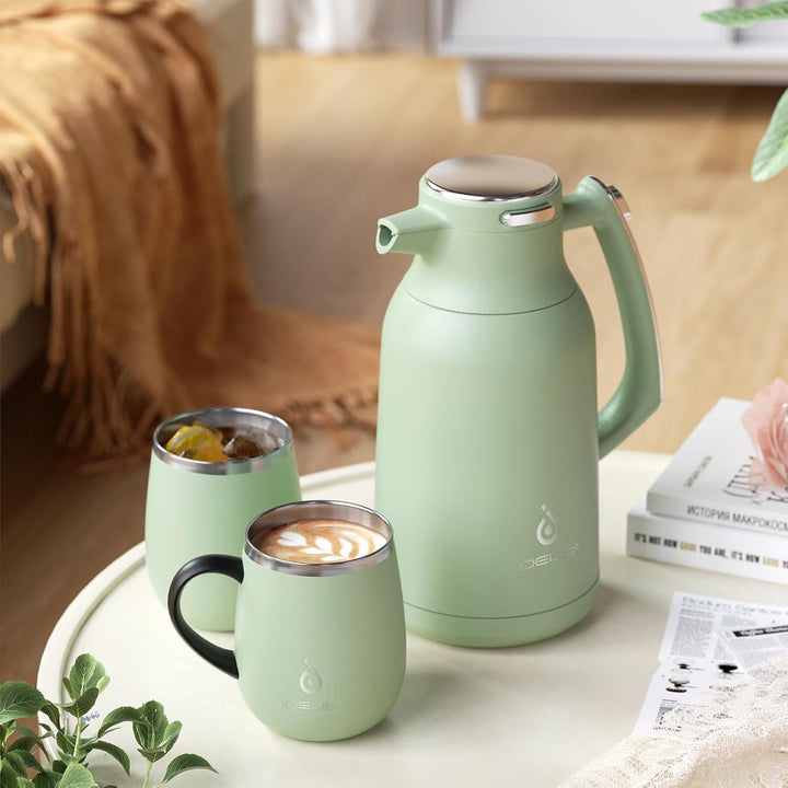 IDEUS® Thermoskanne 2l, Edelstahl Doppelwandige Kaffeekanne Vakuumisolierung Isolierkanne Warmhaltek