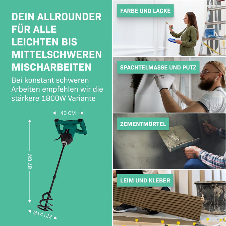 VONROC Farb- / Betonmischer 1200W - Soft Start - 3m Gummikabel - Inklusive Rührstab