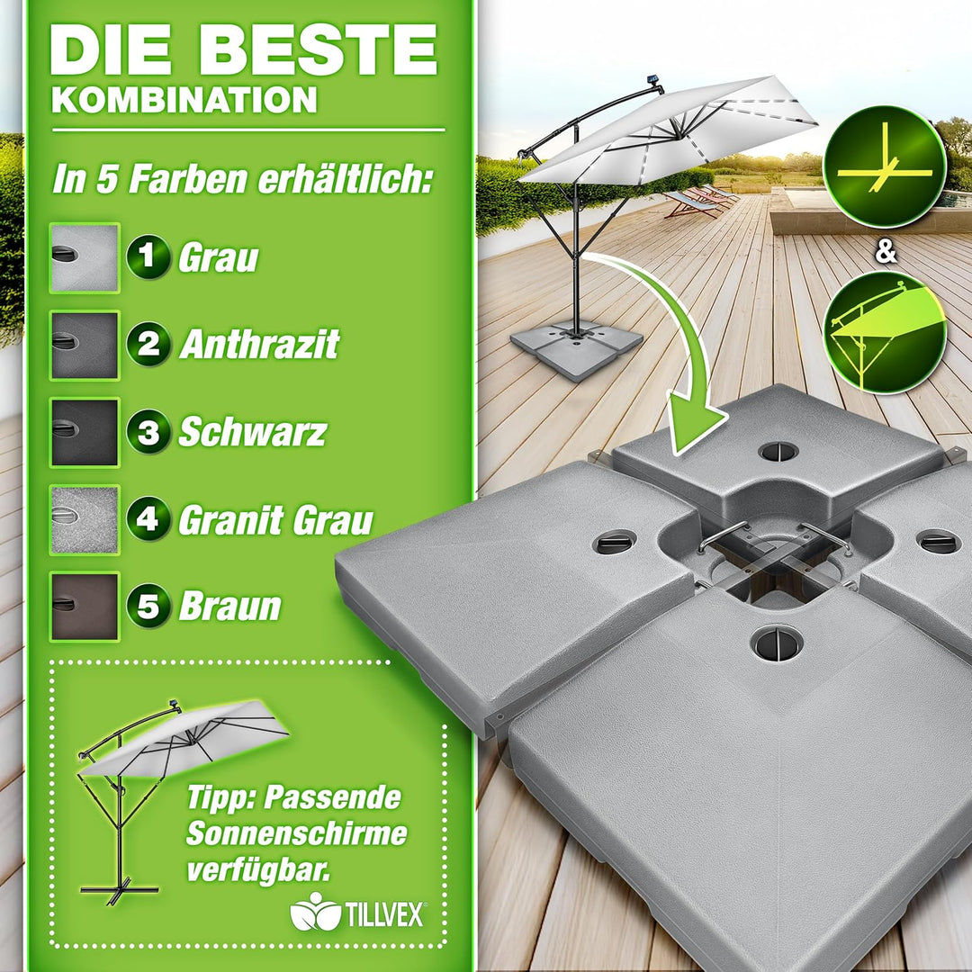 tillvex® Sonnenschirmständer 90 Liter / 120 kg – 4-teilig für Ampelschirm inkl. Metallverbinder | Sc