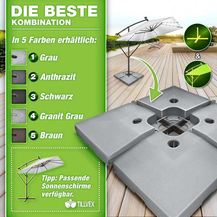 tillvex® Sonnenschirmständer 90 Liter / 120 kg – 4-teilig für Ampelschirm inkl. Metallverbinder | Sc