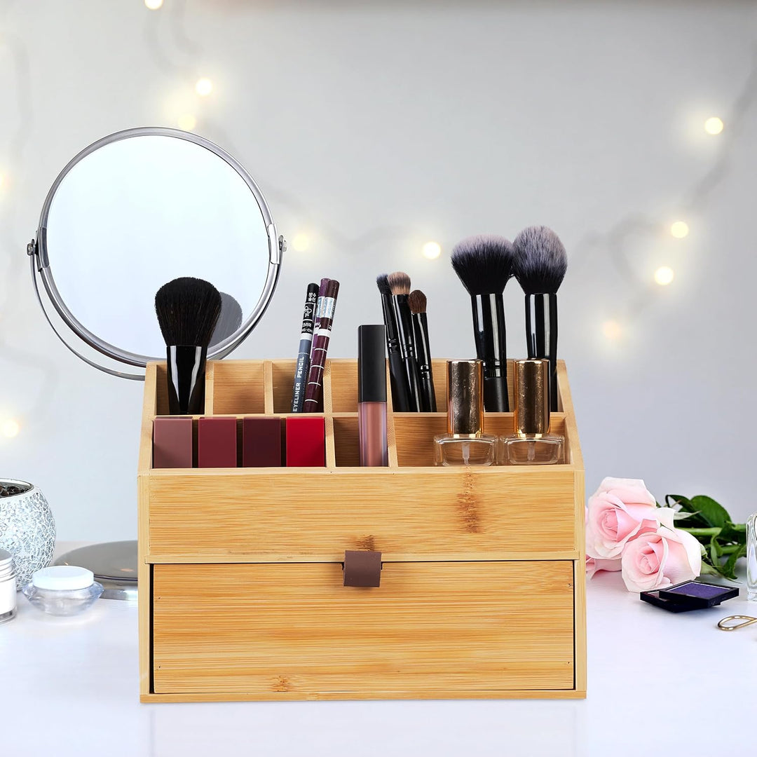 Relaxdays Kosmetik Organizer, Make up Organizer mit Schublade, Pinselhalter, Bambus, HxBxT: 19 x 25,