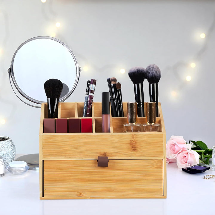 Relaxdays Kosmetik Organizer, Make up Organizer mit Schublade, Pinselhalter, Bambus, HxBxT: 19 x 25,