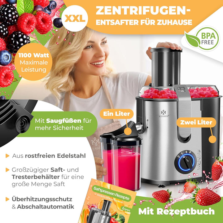 KESSER® Entsafter für Obst und Gemüse aus Edelstahl 1100W grosse 85 mm Einfüllöffnung inkl. Reinigun