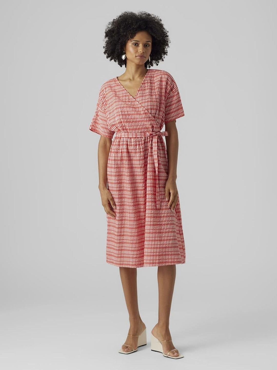 VERO Moda Damen Vmdixie 2/4 Wrap Calf Dress WVN Kleid S Bittersweet/Checks:snow White, S Bittersweet