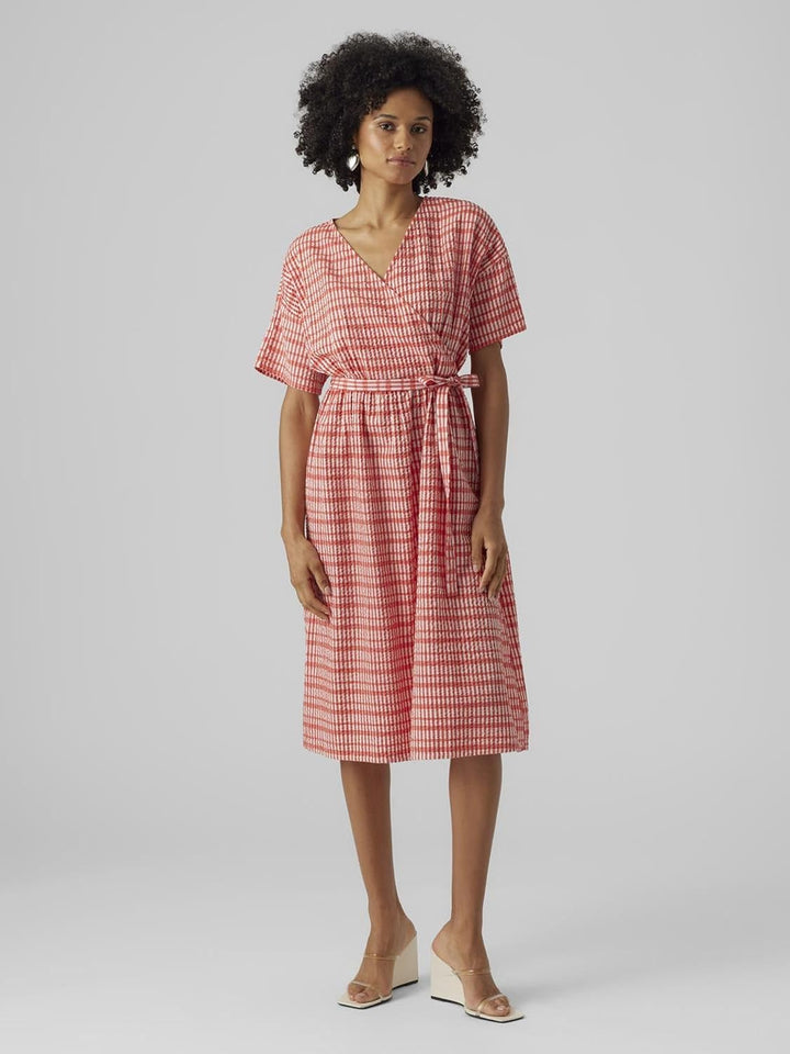 VERO Moda Damen Vmdixie 2/4 Wrap Calf Dress WVN Kleid S Bittersweet/Checks:snow White, S Bittersweet