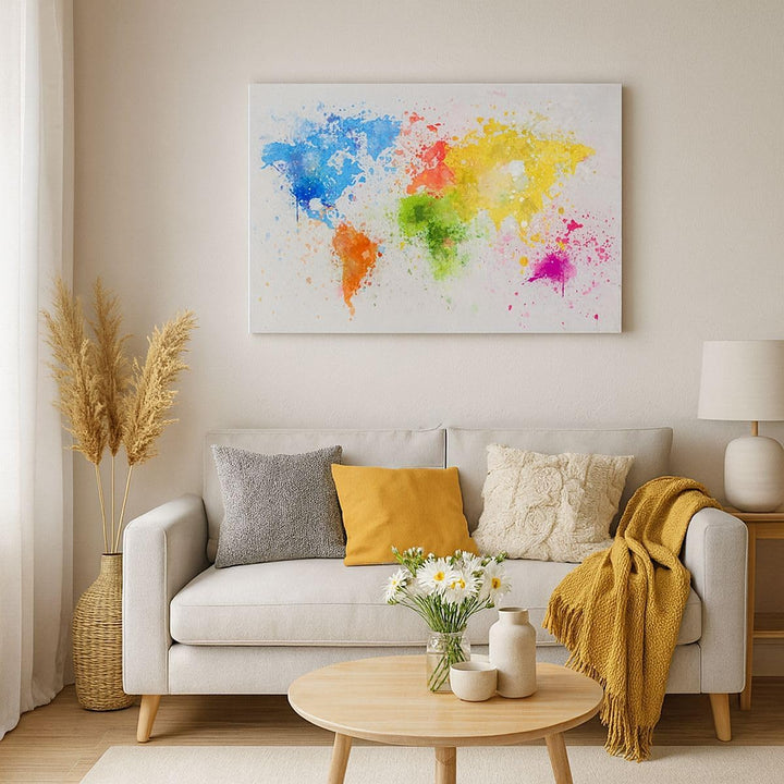 Bilder auf Leinwand 100x70cm Leinwandbild mit Rahmen Karte Welt modern Gross Wanddeko Bild Schlafzim