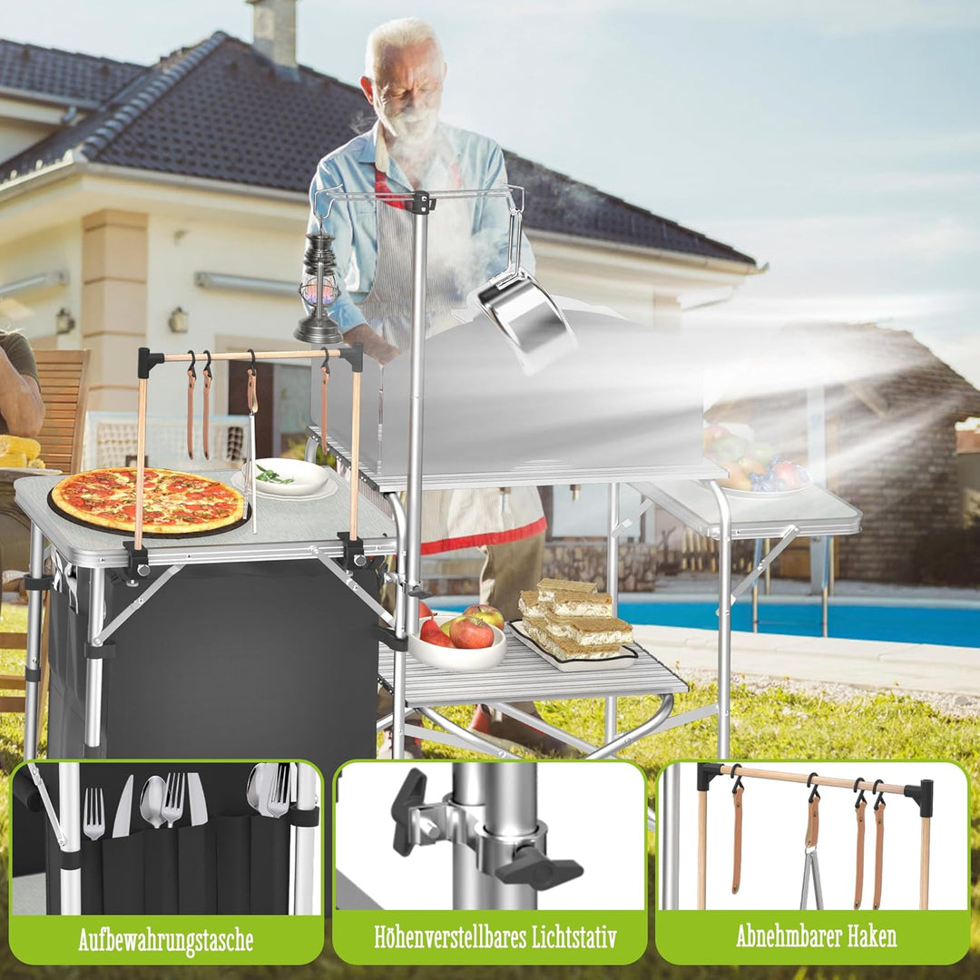 FIVMEN Campingküche Faltbar Camping Küche Campingschrank Aluminium mit 3 Arbeitsplatten, Schränkfach