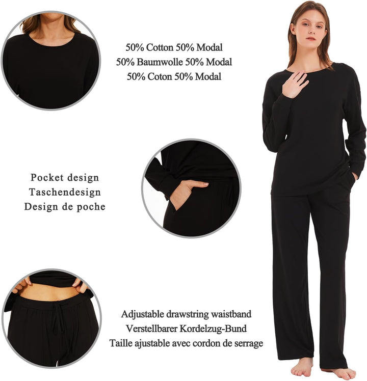 Mnamo Damen Schlafanzug Weich Gestricktes Pyjama Set Gemütliche Nachtwäsche Baumwolle und Modal Atmu