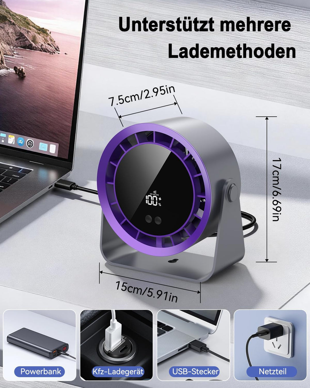 Timiyou Leiser Turbo Tischventilator mit Digitalem LED-Display, 100-stufig einstellbar & 360° neigba