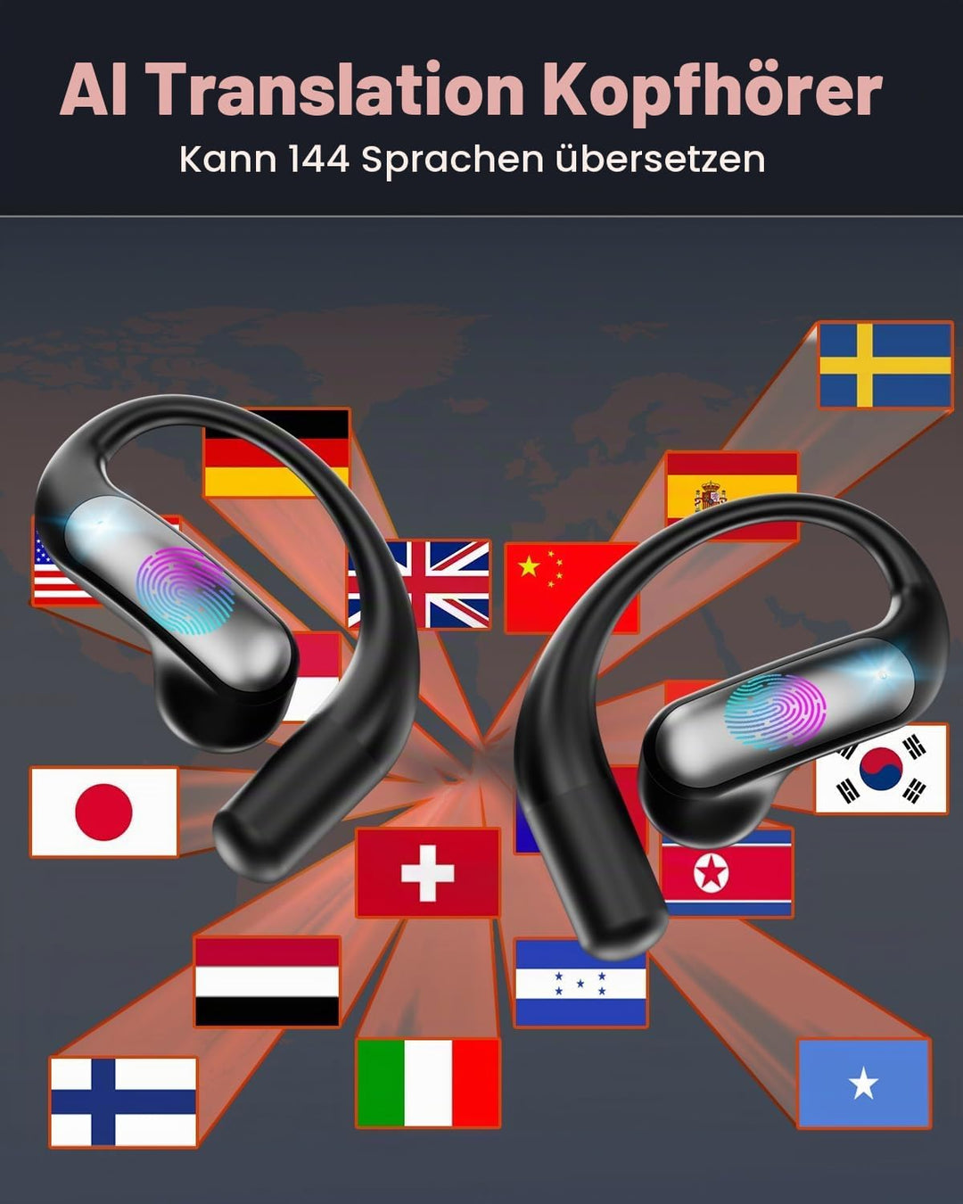KI Übersetzer Kopfhörer, 4-in-1 Echtzeit Sprachübersetzer Kopfhörer 144 Sprachen mit App, Bluetooth