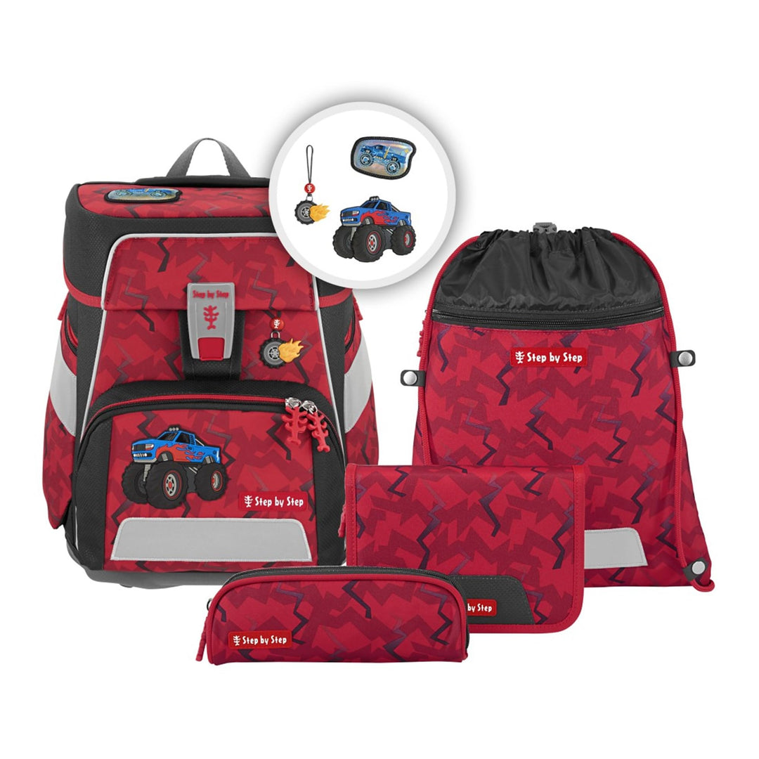 Step by Step Schulranzen-Set Space Monster Truck Rocky, 5-teilig, rot-blau, Auto-Design, ergonomisch