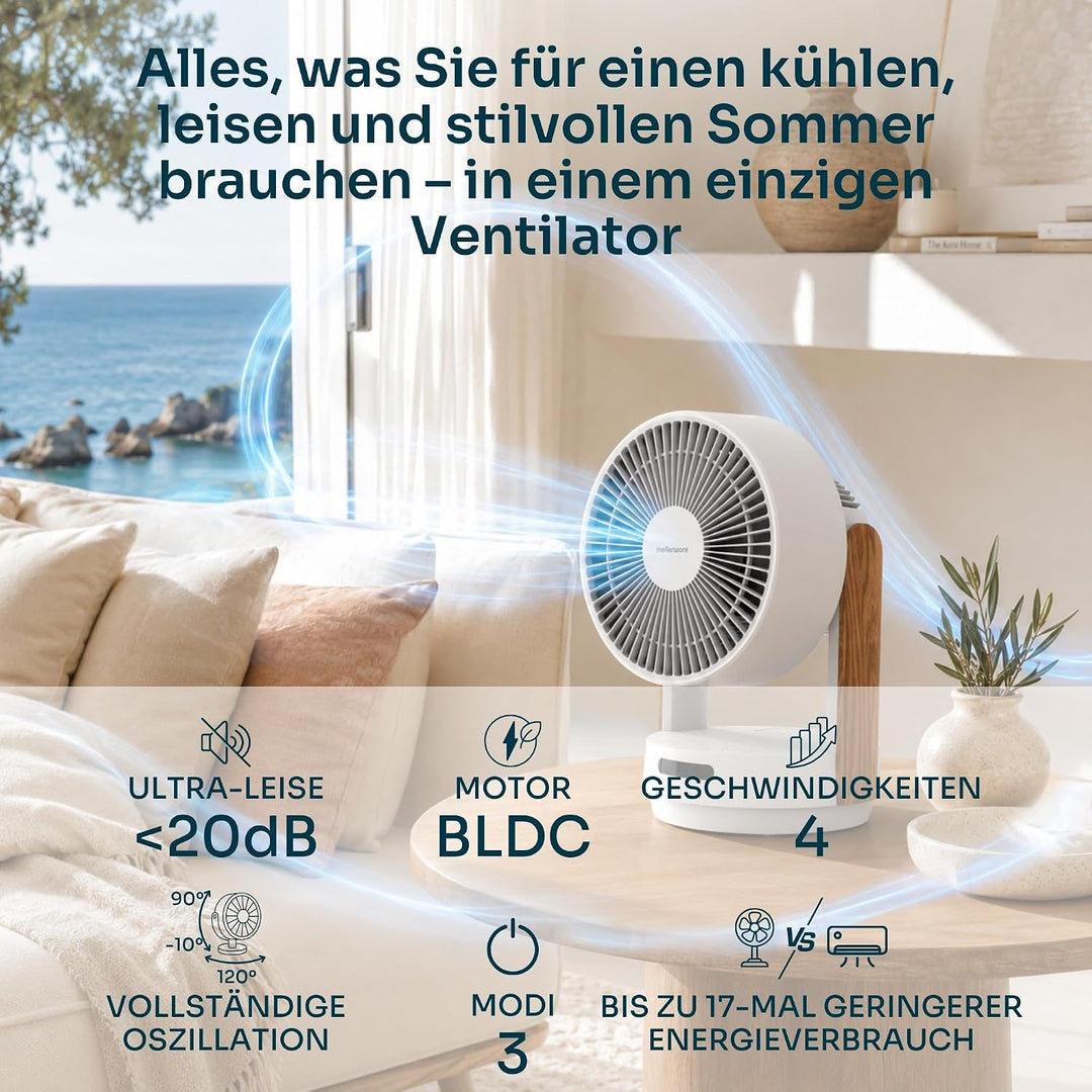 Mellerware Brizy Desk 360 Silence, leiser Tischventilator mit 360°-Oszillation, BLDC-Motor 20W, 4 Ge