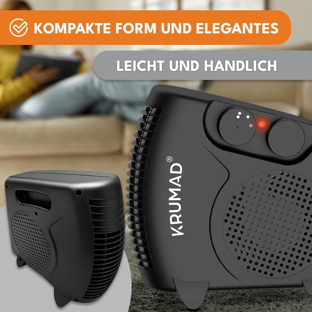 KRUMAD Heizlüfter 2000 W, Elektrische Heizung mit Thermostat & 2 Heizstufen, Energiesparender Elektr