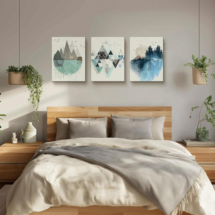 hyidecorart Abstrakte Bilder, Grün und Blau Geometrische Berg Landschaft Leinwand Wandkunst, Modern
