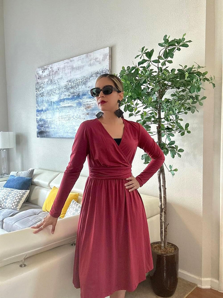 OUGES Kleid Damen Kurzarm/Langarm Sommer Herbstkleid V-Ausschnitt Casual Midi Freizeitkleid mit Tasc