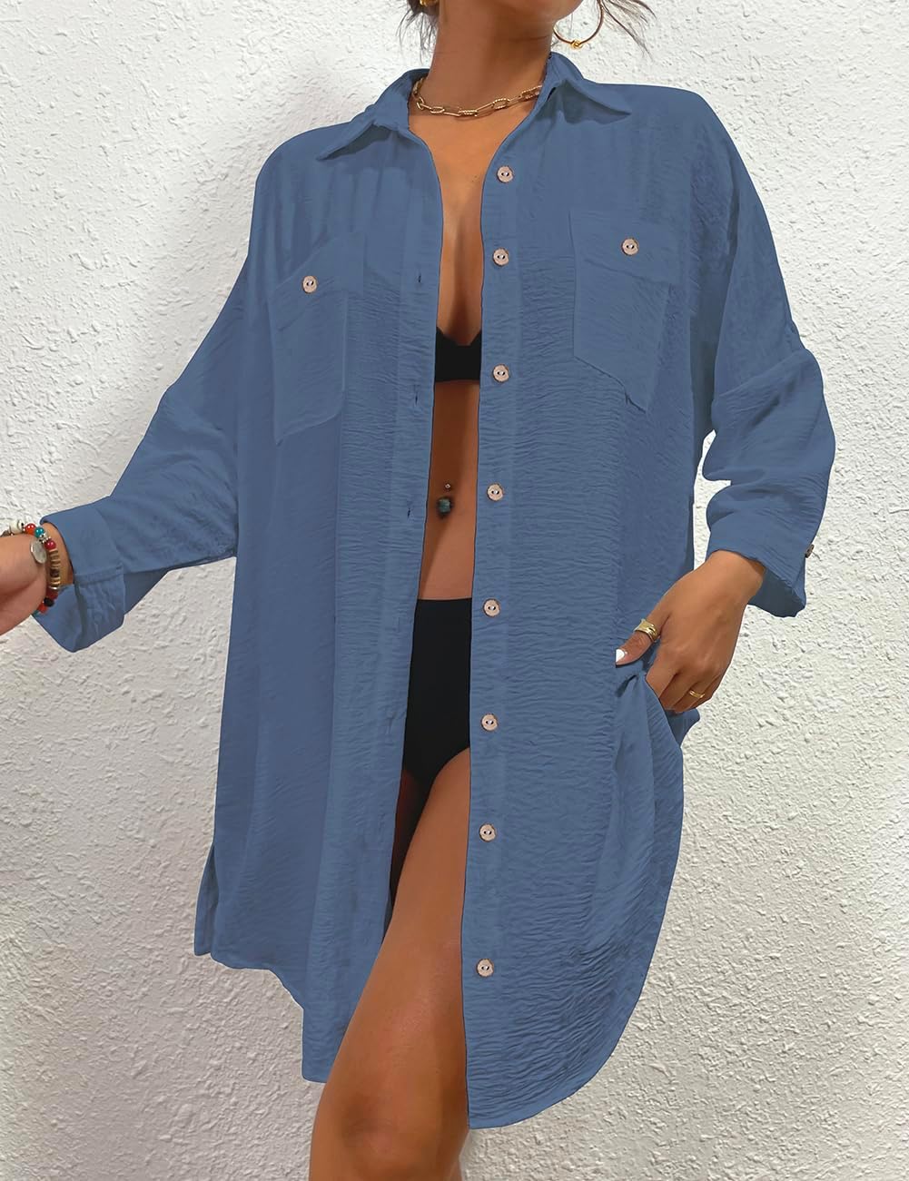 Bsubseach Frauen Badeanzug Coverup Shirt Kleid Button Down Badeanzug Cover Up Beachwear L B-Blauer D