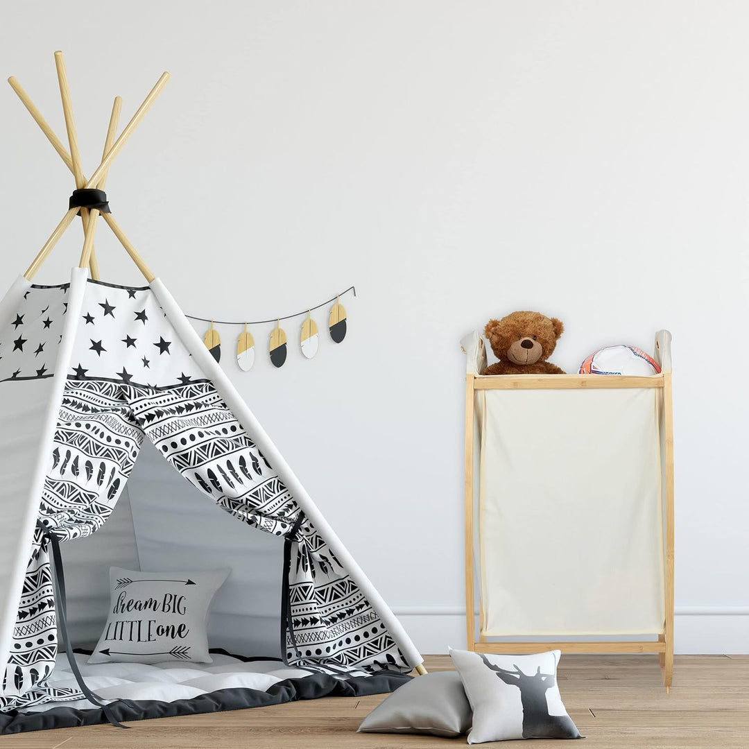 Relaxdays Wäschekorb mit Bambusgestell, ohne Deckel, HBT: 80 x 44 x 43 cm, 70 l Stoffbeutel, Wäsches